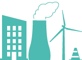 illustration avec un bâtiment, une éolienne et un plot